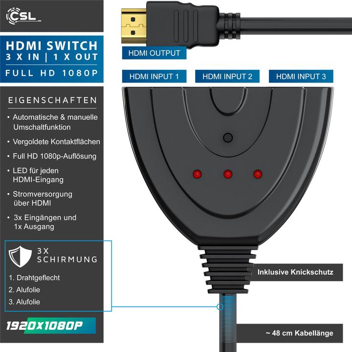 Produktbild CSL 3 Port HDMI Switch Full HD 1080p, automatische Umschaltung / 3D / HDCP / CEC