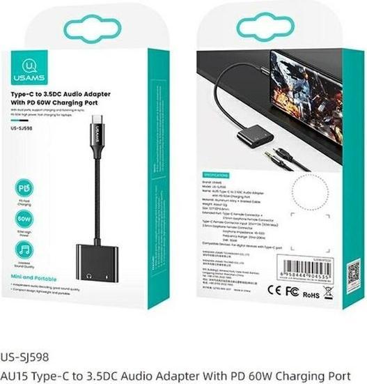 Produktbild Usams AU15 Adapter USB-C - jack 3.5m DAC + USB-C PD60W czarny/black SJ598YPTC01 (US-SJ598) (USB Typ C, 3.5mm Klinke)