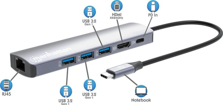 Produktbild Manhattan 6-in-1 4K USB-C Dockingstation 1xHDMI 3xUSB 5 Gb/s (USB-C, 6 Ports)