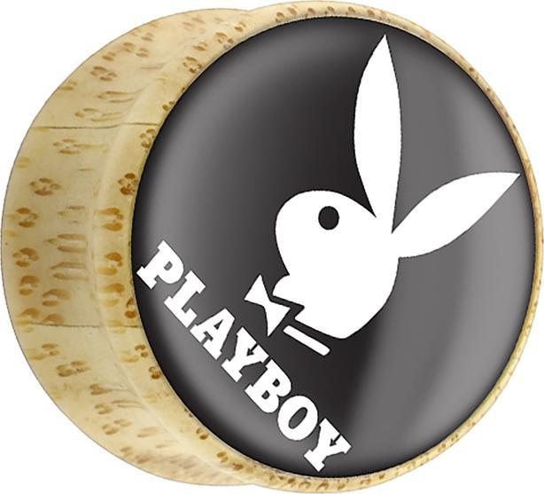Star Piercing Flared Plug aus Bambusholz Playboy Bunny auf schwarzem grund (ohne Messing, Organisch, Mineralisch)