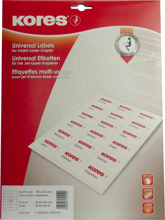 Actual product image Kores Universal labels, 105 x 42.3 mm, white, 25 sheets