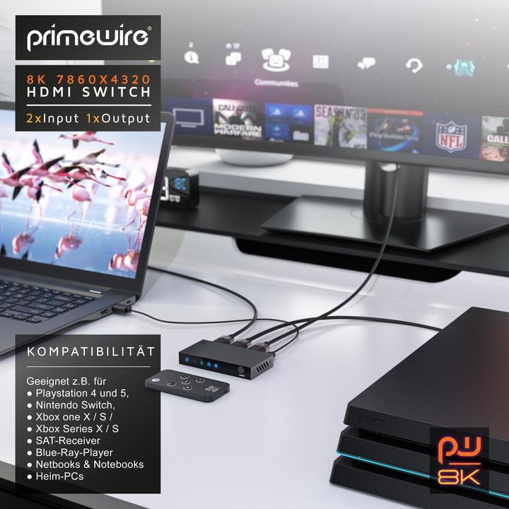 Image du produit Primewire 2-Port HDMI 2.1 Switch, commutateur 8K, 2 en 1 Out UHD, splitter avec télécommande, UHD 8k 4k 60 Hz