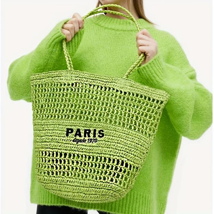 Produktbild Only-Bags.Store Ausgehöhlte Stroh gewebte Einkaufstasche, modische Stickerei-Buchstaben-Umhängetasche, Strandtasche