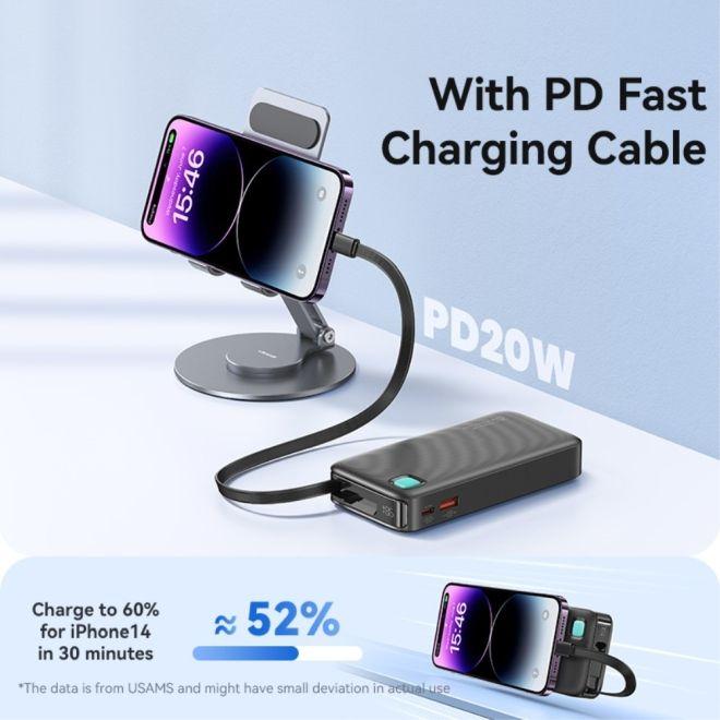 Produktbild Usams Powerbank ze zwijanym kablem USB-C Retractable 10000 mAh PD 20W Fast Charge XY Series czarny/b (10000 mAh, 50 W, 50 Wh)