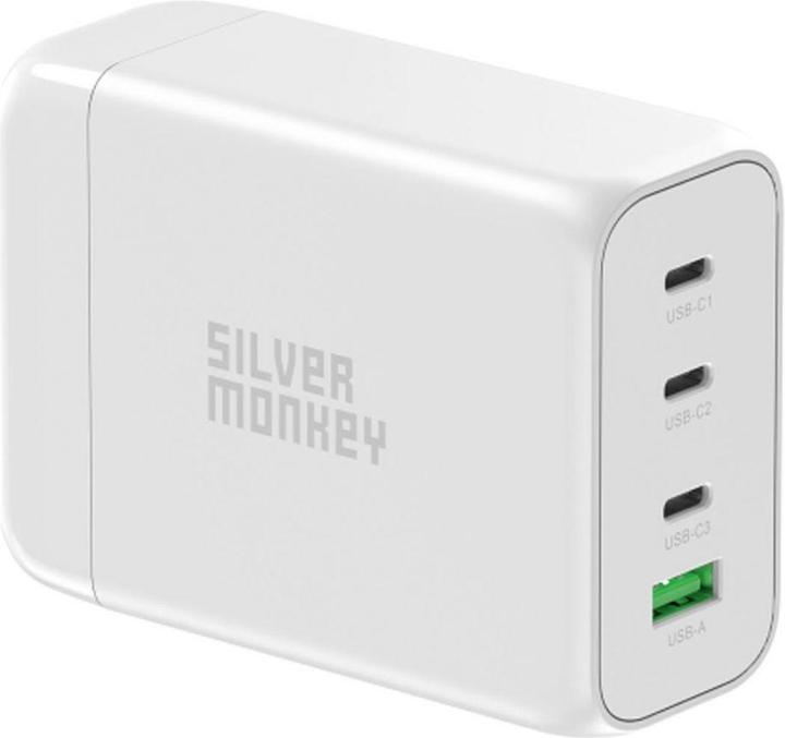 Actual product image Silver Monkey SMA152 130W GaN charger 3xUSB-C PD USB-A QC 3.0 with detachable power cable - white (130 W)