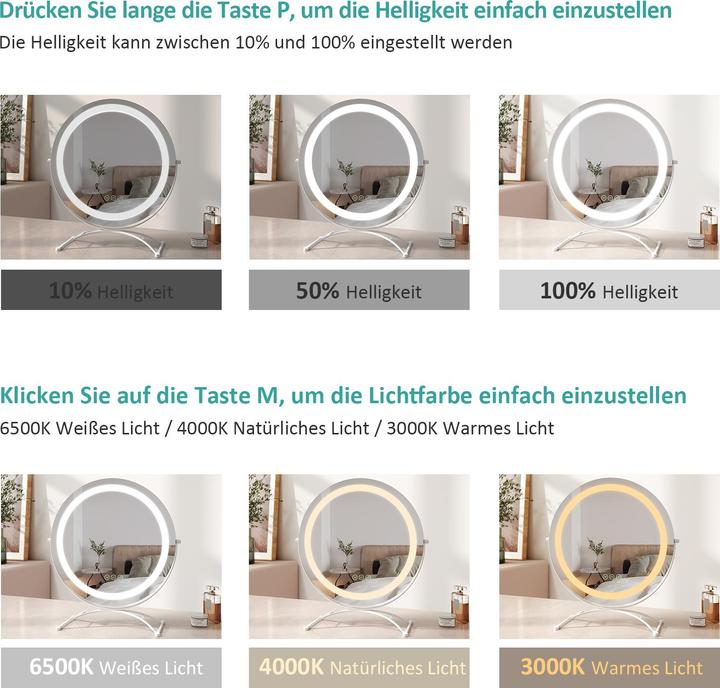 Produktbild Emke Kosmetikspiegel Runder mit Beleuchtung, 3 Farbtemperatur und Dimmbar, 360° Drehbar, 50cm, Weiss
