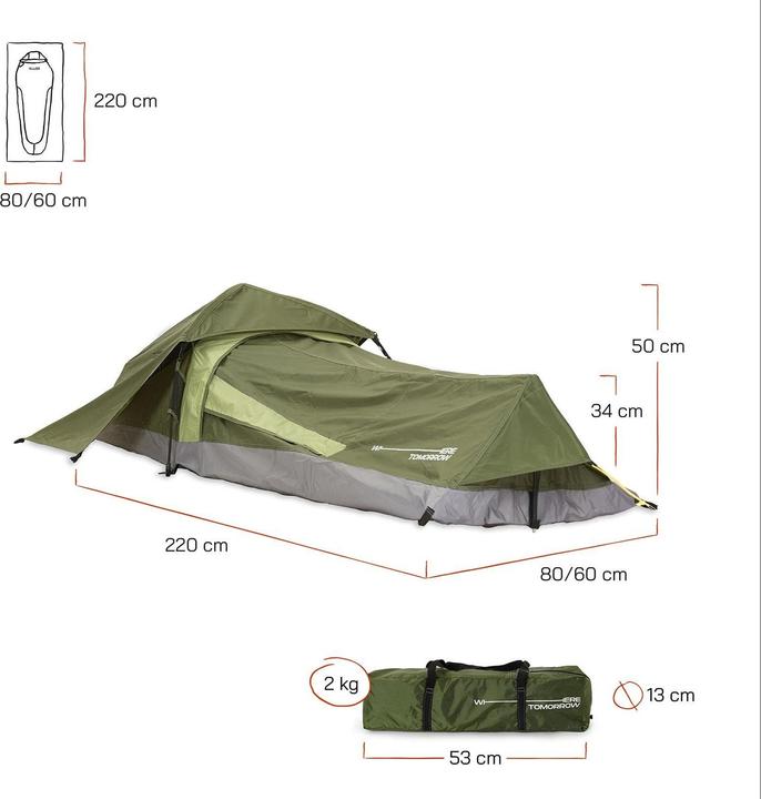 Image du produit Where Tomorrow Tente 1 personne Rectangle 220 cm x 80 cm, Vert (2 kg, 1 personne)