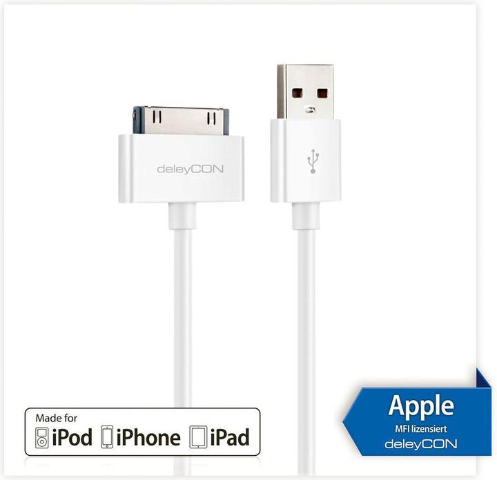 Actual product image deleyCON 30Pin Dock-USB cable 2m, white (2 m, USB 2.0)