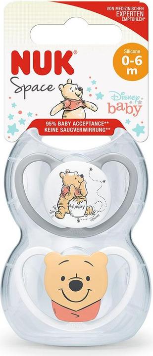 Produktbild NUK Disney Winnie Puuh Space Silikon-Schnuller, kiefergerechte Form, 0-6 Monate, 2 Stück, grau & wei (2 x, ab Geburt)
