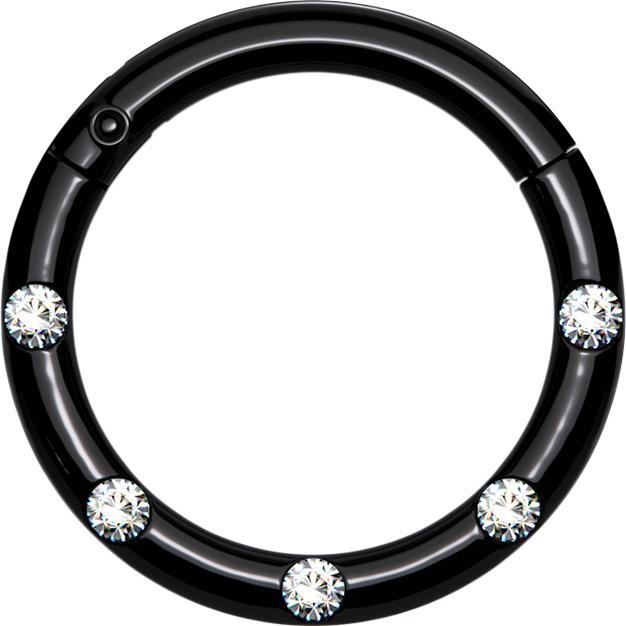 Produktbild Star Piercing Micro Segmentring klappbar schwarz front fünf Kristalle silber (Chirurgenstahl 316L, ohne Messing)