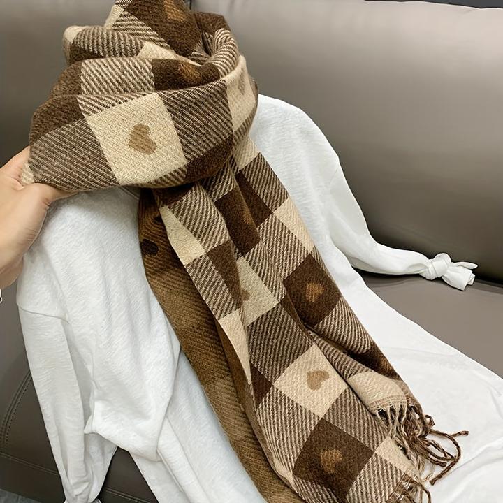 Produktbild Only-Bags.Store Double-Sided Heart Pattern Scarf, Winter Plaid Warm Neck Wrap, Cozy Shawl For Autumn & Winter