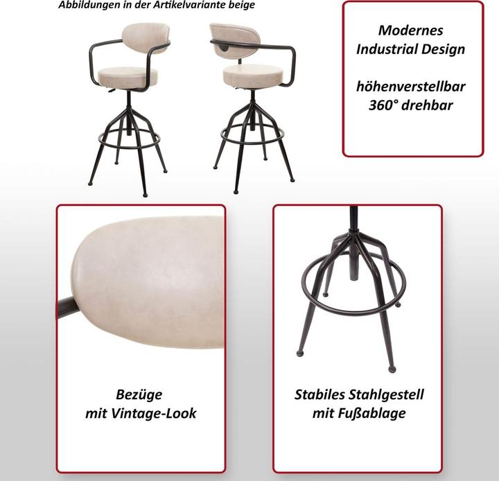Produktbild Mendler Barhocker HWC-H10f, höhenverstellbar Industrial Wildleder-Optik - vintage beige