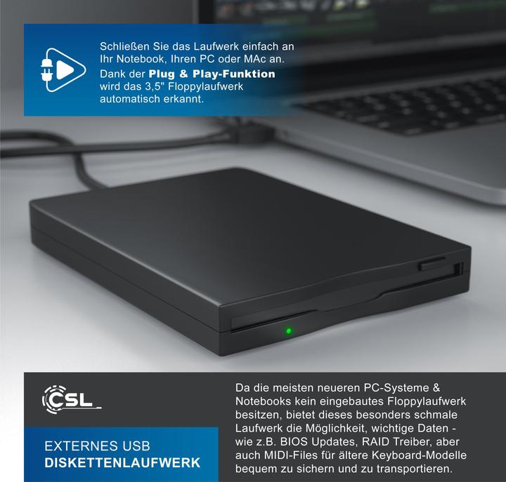 Actual product image CSL USB floppy drive external, USB floppy drive FDD 1,44MB (3,5) for PC & MAC, black (floppy disk drive)