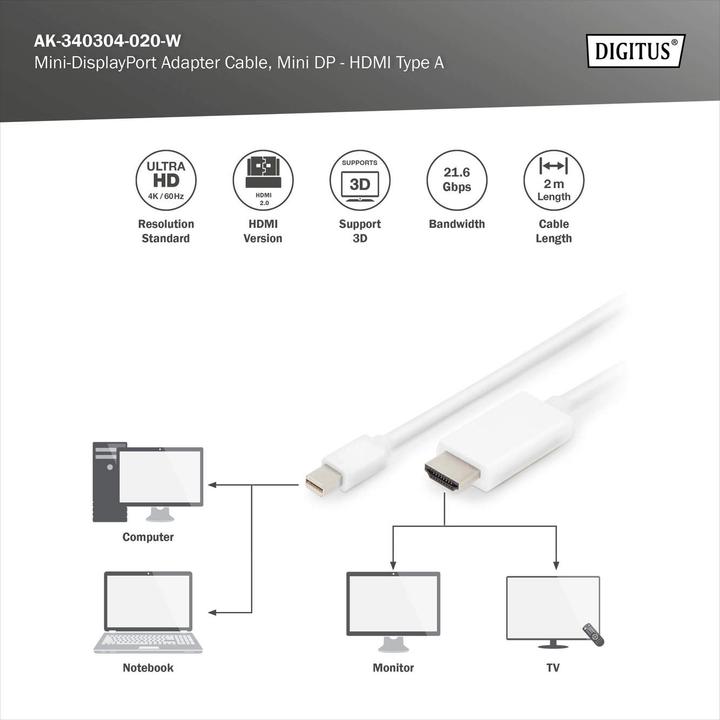 Produktbild Digitus ASSMANN DisplayPort Adapterkabel Mini DP - HDMI Typ A St (2 m, DisplayPort, HDMI)
