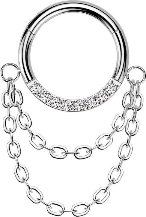 Produktbild Star Piercing Micro Segmentring klappbar silber front Kristalle silber Anhänger zwei Ketten (Titan G23)