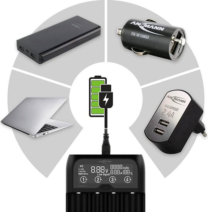 Actual product image Ansmann Lithium 4 Universalladegerät mit 2x 18650 Akkuzellen (2600mAh) Ladegerät (2 pcs., 18650, 2600 mAh, Battery + charger)