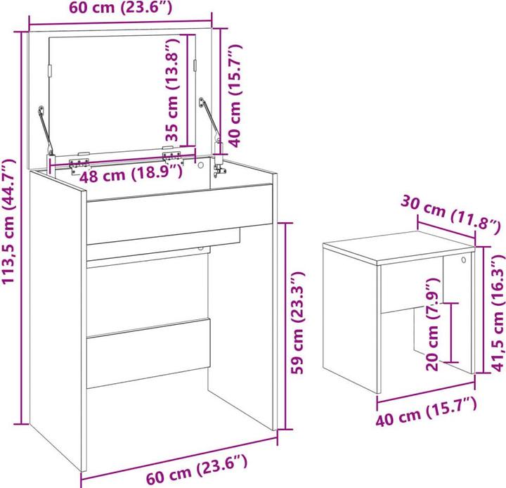 Image du produit VidaXL Coiffeuse avec tabouret 60 x 40 x 113,5 cm (60 x 40 x 75 cm)