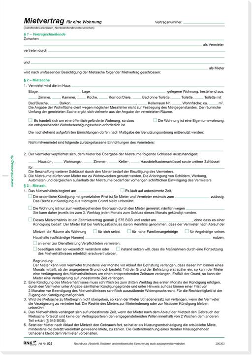 Produktbild Rnk Vertragsformular Mietvertrag für Wohnungen - 10 Stück, DIN A4, 210 x 297 mm, 3 B (4 x)