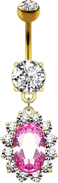 Star Piercing Banane 14k vergoldet mit zwei Kugeln Kristall silber Anhänger grosser Ovaler pinker Kristall (Chirurgenstahl 316L, Messing)