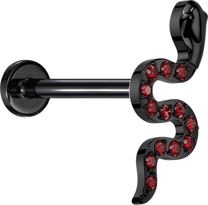 Star Piercing Micro Threadless Labret schwarz Schlange schwarz Kristalle rot (Titan G23, ohne Messing)