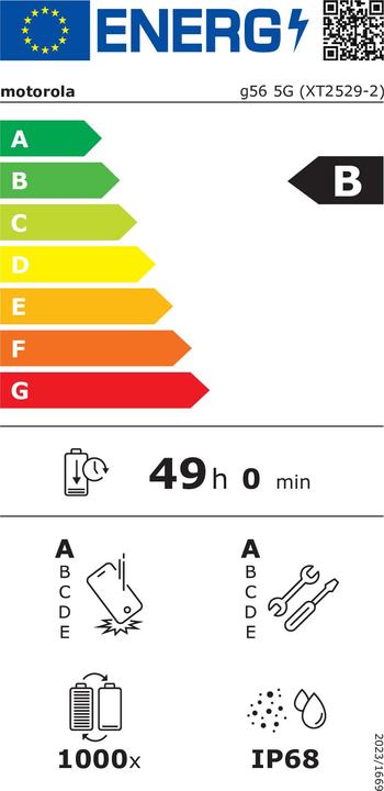 Label énergétique Motorola Moto G56 (256 Go, Huître noire, 6.72", Double SIM hybride, 50 Mpx, 5G)
