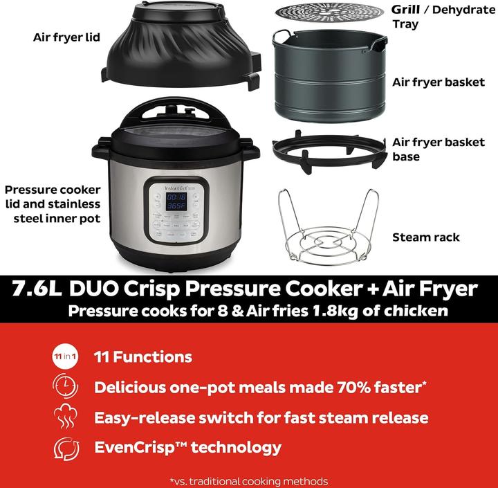 Produktbild Instant Pot Duo Crisp 7,6L multicooker met airfryer 11-in-1 - snelkookpan - pressure cooker - rijstkoker - s