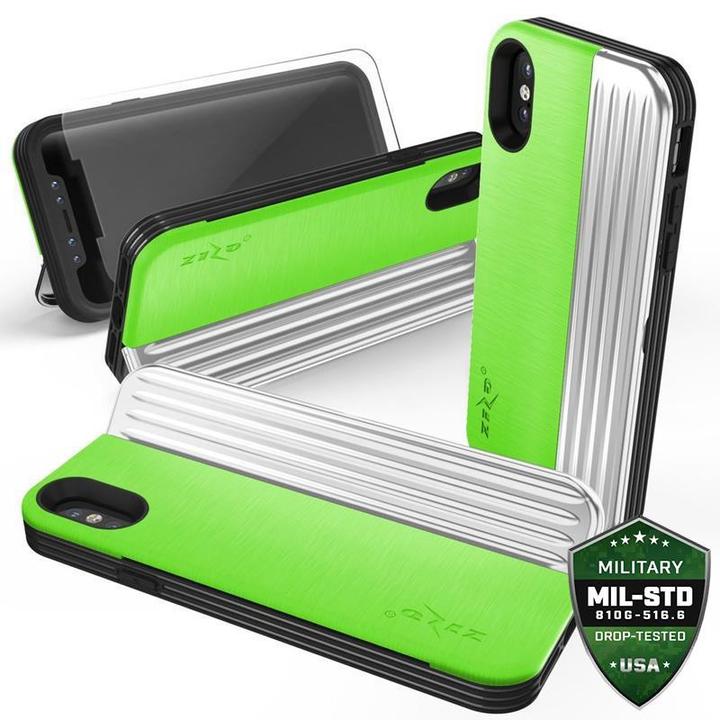 Actual product image Zizo Retro Series – iPhone Xs/X-Hülle mit Kartenfach + Ständer + 9H-Glasscheibe (Neongrün/Silber) (Apple iPhone XS)