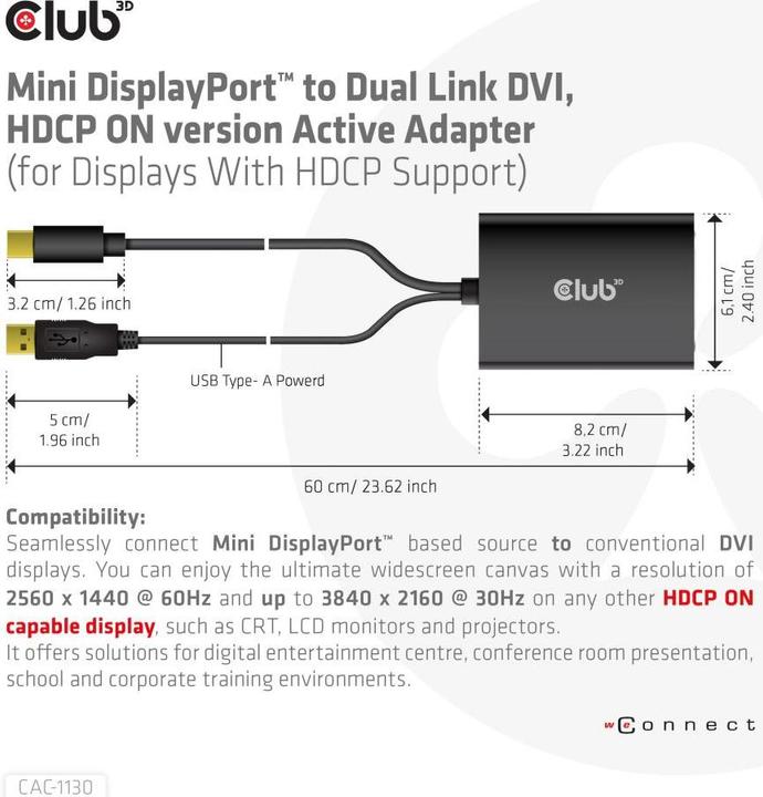 Actual product image Club 3D CAC-1130 (USB-A, Mini DP, 6.10 cm)