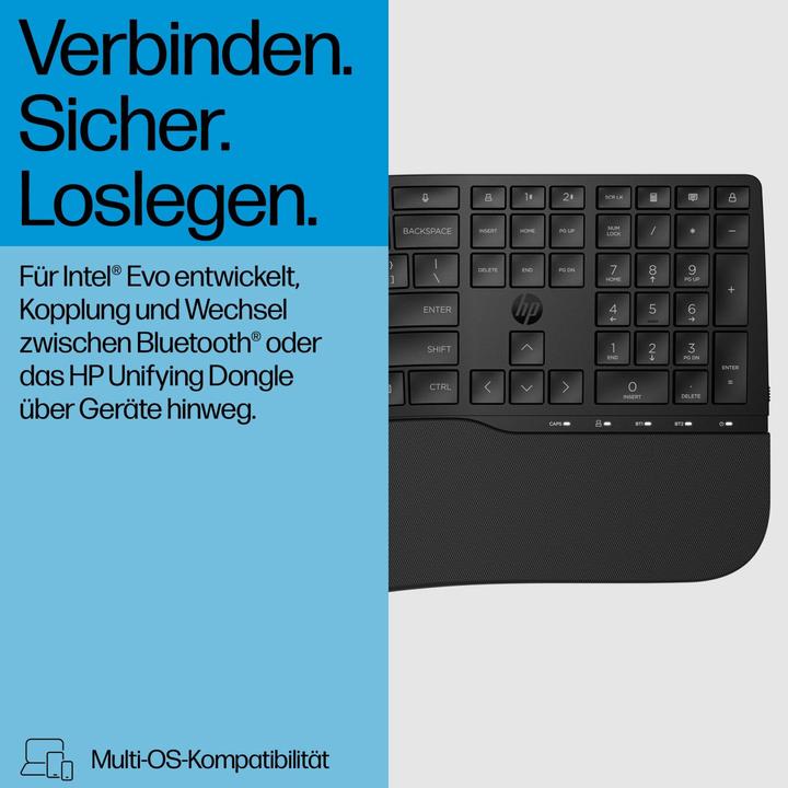 Actual product image HP 685 Comfort Dual-Mode Keyboard, Full-size (100%), Wireless, RF Wireless + Bluetooth, Membrane, Bl (DE, Wireless)