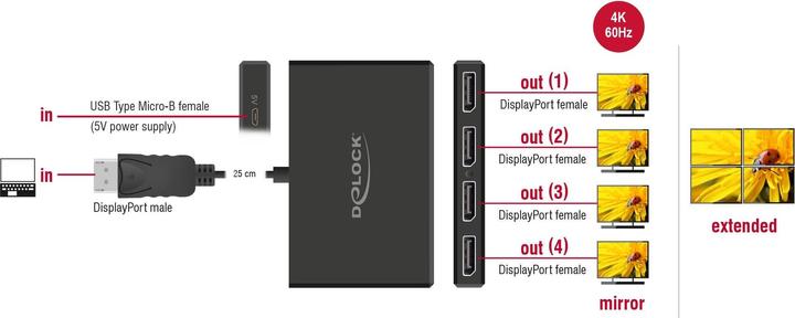 Image du produit Delock Splitter DisplayPort 1.4 1 x DisplayPort in vers 4 x DisplayPort out (10.50 cm)