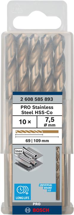 Produktbild Bosch Professional Zubehör PRO Stainless Steel HSS-Co Spiralbohrer, 7.5 x 69 x 109 mm (7.5 mm)