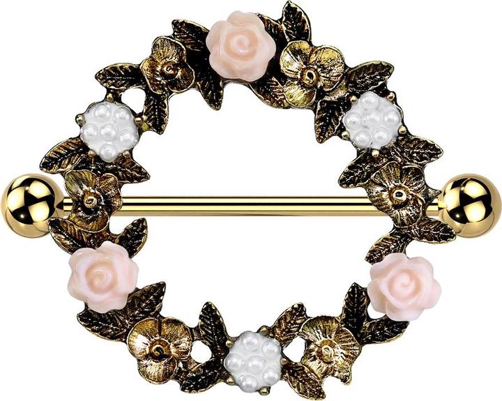 Actual product image Star Piercing Barbell vergoldet mit zwei Kugeln Blumenkranz (Surgical steel 316L, Brass)