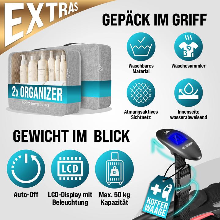 Image du produit Monzana Boîtier rigide avec accessoires set de 4 (120 l, Bagage à main (jusqu'à 50l), M (50 - 90l), L (90 - 115l), XL (à partir de 115l))