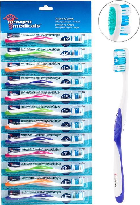 Newgen medicals 12er-Pack Marken-Zahnbürsten mit Zungenreiniger, MEDIUM, 4 Farben (Mittel, 12 x)