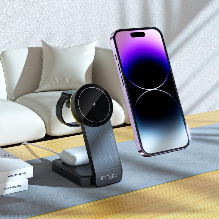 Produktbild Tech-Protect QI15W-A28 inductive MagSafe 3in1 charger with stand for smartphone / Apple Watch / AirP (15 W)