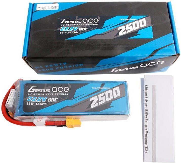 Actual product image Gens Ace 2500mAh 22.2V 80C 6S1P Lipo Battery Pack with XT60 plug (22.20 V, 2500 mAh)