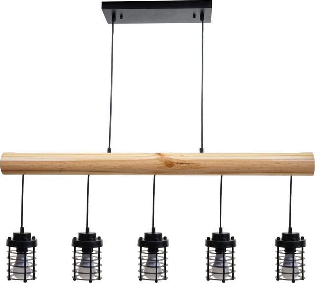 Actual product image Swisshandel24 Hanging Lamp, Industrial Vintage Solid Wood Metal Black - 5 Cage Lamp Shades (E27)