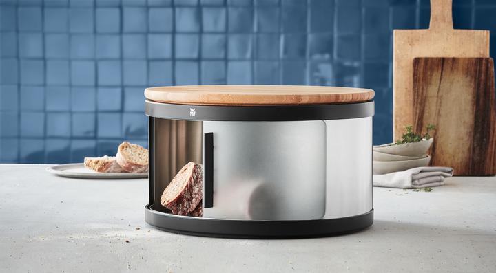Actual product image WMF Gourmet bread bin round / bread box with cutting board 32 x 13cm bamboo Cromargan stainless steel