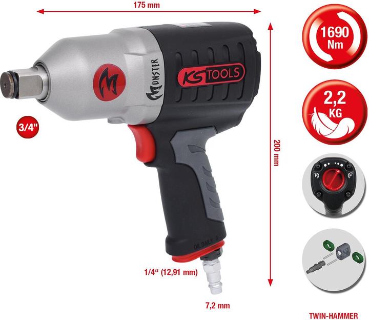 Actual product image KS Tools 3/4" MONSTER high performance air impact wrench, 1690 Nm, 88 dbA (Air blast)