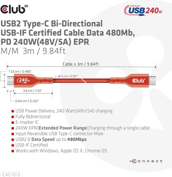 Image du produit Club 3D USB C - USB C (3 m, USB 2.0)