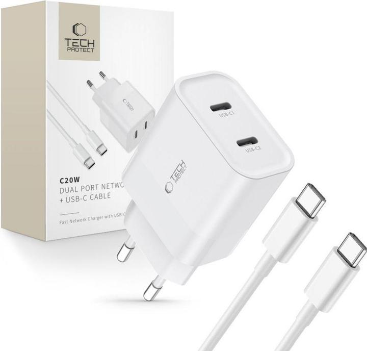 Image du produit Tech-Protect C20W 2x USB-C PD Chargeur réseau 20W avec câble USB-C / USB-C - blanc (20 W)