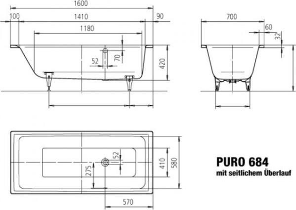Actual product image Kaldewei Puro 684 160x70cm with lateral overflow (161 cm, 71 cm)