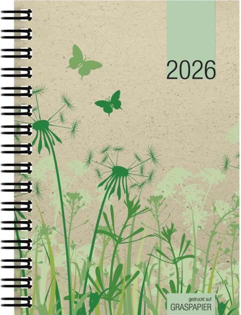 Produktbild Taschenkalender Graspapier 2026 - Bürokalender 10x14 cm - 1 Woche auf 2 Seiten - robuster (Harter Einband, Englisch, Französisch)