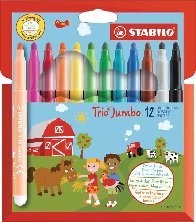 STABILO Penna Trio Jumbo con punta in feltro spessa (Multicolore, 12 x)
