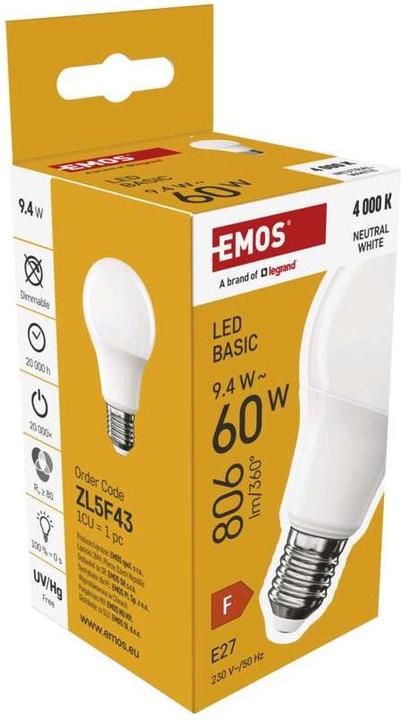 Actual product image Emos LED lamp Basic A60 / E27 / 9.4 W (60 W) / 806 lm / Neutral white (E27, 9.40 W, 806 lm, 1 x, F)