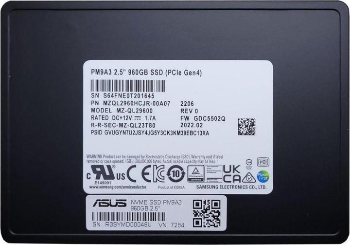 Immagine prodotto ASUS Server Dysk PM9A3 960 GB 2,5 pollici PCI-E x4 Gen 4 NVMe (90SKH00-MEXAN0) (960 GB, 2.5")