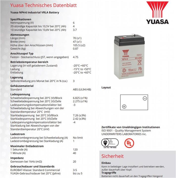 Actual product image Yuasa Akku NP4-6, Faston 4,8mm (6 V, 4 Ah)