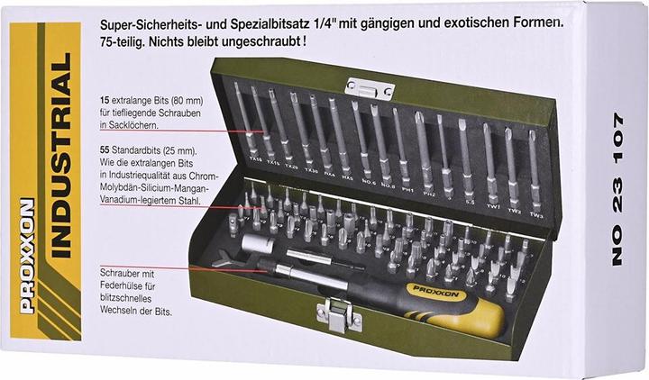 Produktbild Proxxon Super-Sicherheits- und Spezialbitsatz (Kreuz Phillips PH M2, Innensechsrund TX M20, Innensechsrund TX M7, Innensechsrund TX M25, Tri-Wing M2, Tri-Wing M3, Tri-Wing M5, Innensechsrund TX M9, Kreuz Phillips PH M1, Innensechsrund TX M15, Innensechsrund TX M5, Kreuz Phillips PH M0, Innensechsrund TX M30, Innensechsrund TX M27)