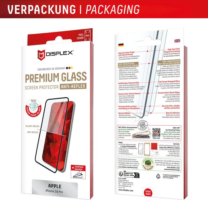 Produktbild Displex Premium Glass, Full Cover Anti-Reflex Panzerglas (1 Stück, Apple iPhone 16 Pro)
