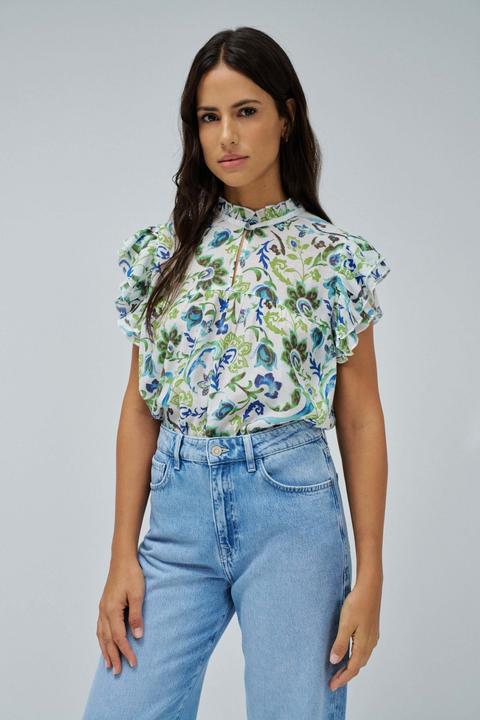 Salsa Jeans Kurzarmbluse Ruffled Detail Print Blouse